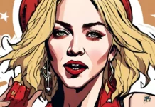 마돈나의 거침없는 사랑과 전설적인 경력 마돈나가 무대에서 공연하며 그녀의 상징적인 경력과 영향력 있는 팝 음악 유산을 보여주고 있습니다.