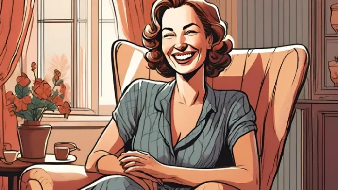 Mature woman smiling while journaling her self-care goals