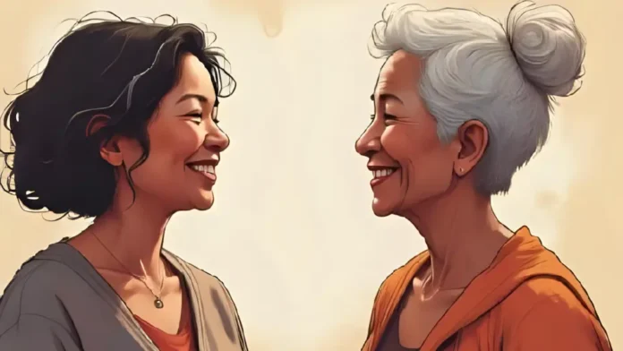 Mujer madura segura sonriendo en una conversación, simbolizando conexión emocional y confianza en una relación.